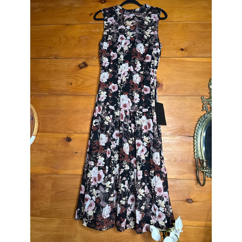 NWT Lulus In My Dreams Black and Pink Floral Print Midi Dress Tiered Cruise Sz S - Picture 2 of 8